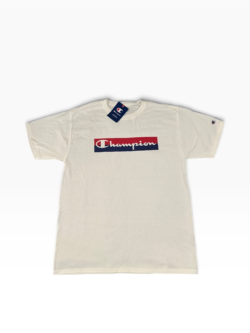 Champion Cream Short Sleeve Logo Tee with Red & Navy Graphic